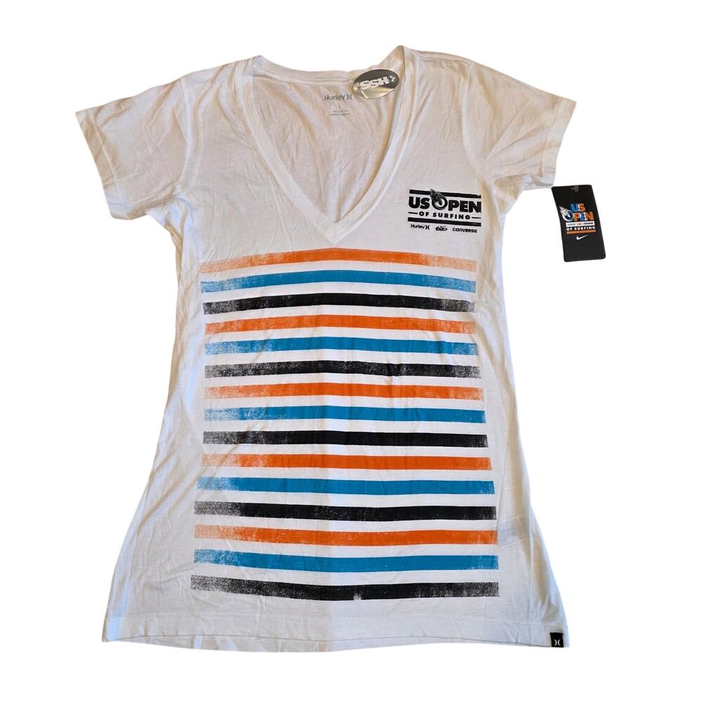 Hurley‎ US Open of Surfing Women's Large V-Neck T-Shirt NWT White Striped Tee